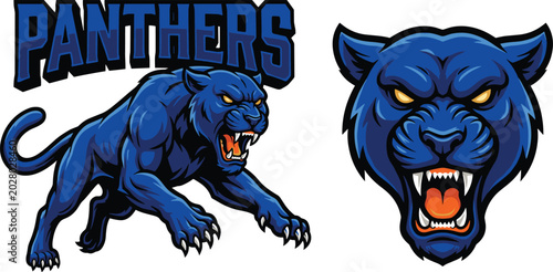 Tableau sur toile Angry Blue Panther Mascot Logo Set Featuring Aggressive Crouching Body and Roari