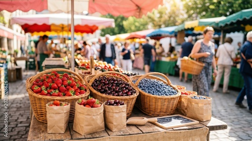 Baskets of fresh fruit arranged on table at open market