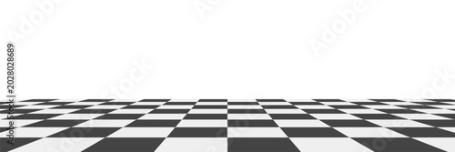 Chess board floor with checker perspective effect, monochrome check pattern, and geometric background composition. Vector