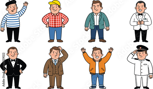 Принти на полотні Cartoon Men Character Set with Different Outfits and Professions Including Sailo