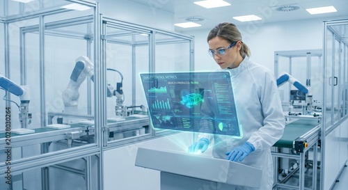 Female Engineer Monitoring Quality Control Metrics on Holographic Screen in Smart Factory