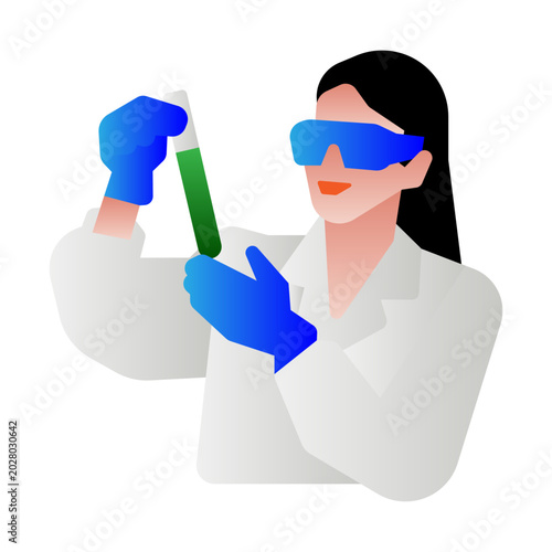 An vector illustration of a female scientist in a lab coat and safety goggles examining a test tube with green liquid.
