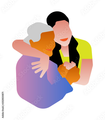 An illustration of a young woman hugging and holding hands with an elderly woman, symbolizing family love, care, and support across generations.