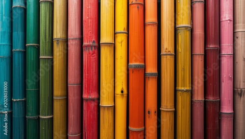 Colorful arrangement of bamboo stalks in vibrant hues, creating a striking visual pattern and texture