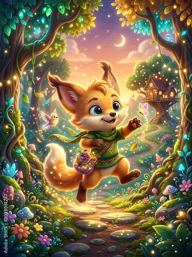 Fototapeta premium Magical forest scene with a happy fox cub jumping on a stone path