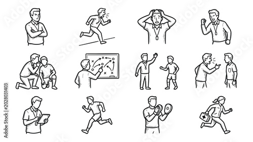 Schilderij op canvas Football Soccer Coach and Staff Sideline Characters Tiny Thumbnail Sketch Icon S