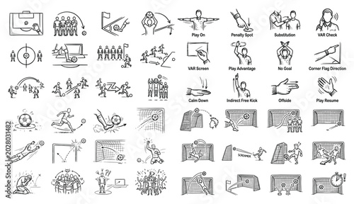 Tableau sur toile Soccer Football Match Play Actions and Referee Signals Tiny Thumbnail Sketch Ico