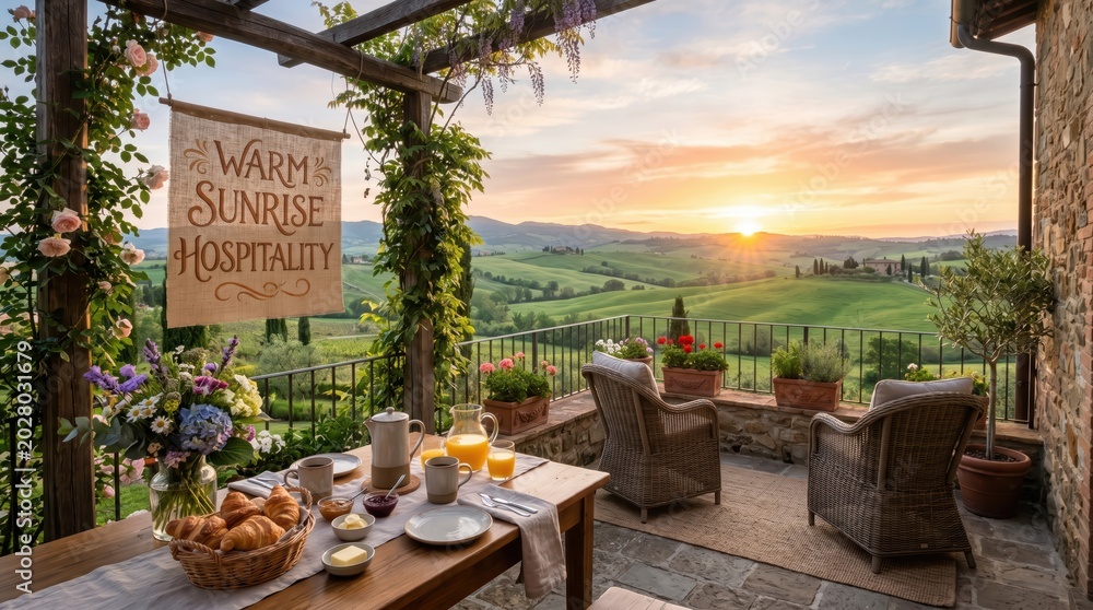 Fototapeta premium Outdoor breakfast table set for sunrise on hillside terrace
