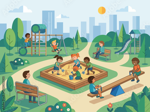 Diverse Children Playing at Modern Urban City Park Playground Flat Vector Illustration