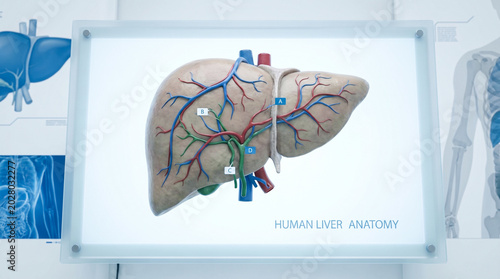 Digital display of human liver anatomy with illustration