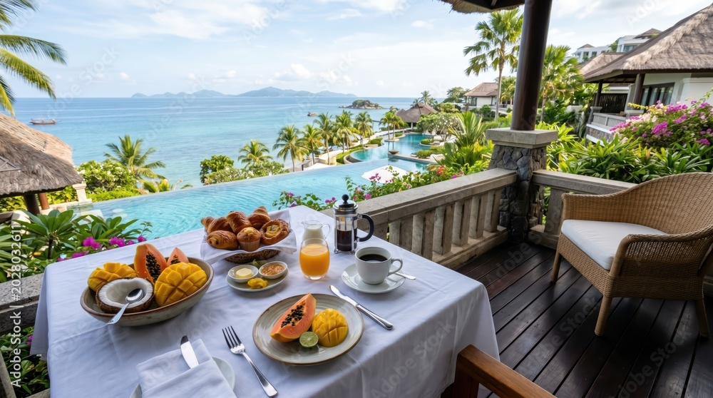 Fototapeta premium Breakfast spread served on balcony overlooking tropical bay