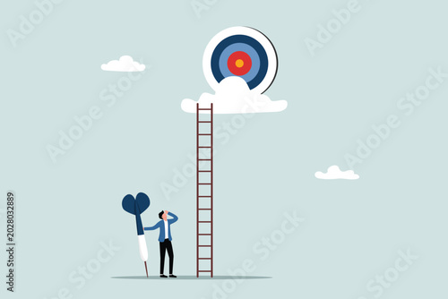Ambition and challenges towards success in business, motivation to achieve big targets, career development concepts, ambitious entrepreneurs holding arrows and aiming high at targets in the clouds.