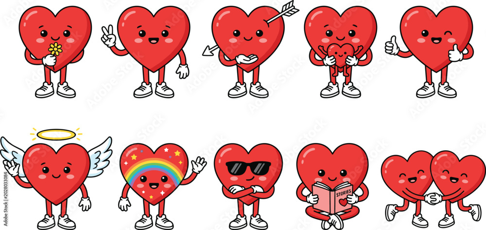 Fototapeta premium Cute Red Heart Cartoon Character Mascot Set with Various Poses for Valentines Day Romantic Graphic Design Assets