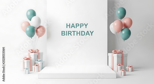 3D Rendered Happy Birthday Background with White Podium and Pastel Balloons