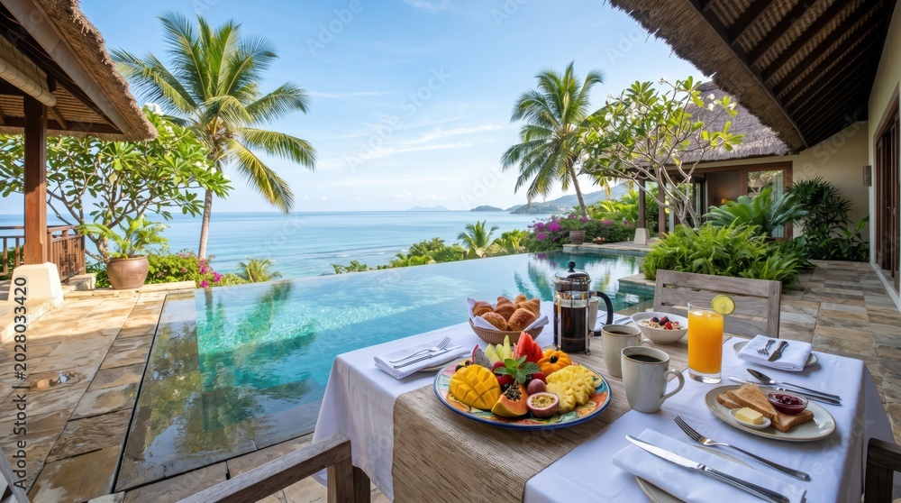 Fototapeta premium Breakfast spread on table by infinity pool at tropical villa