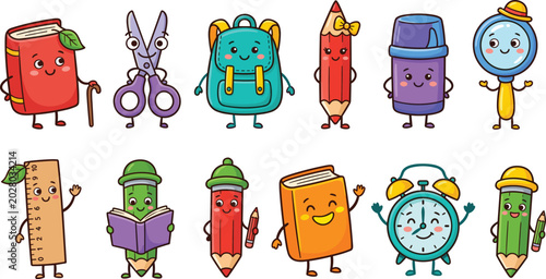 Fotografie Cute School Supplies Cartoon Characters Set with Book Backpack Pencil Ruler Scis