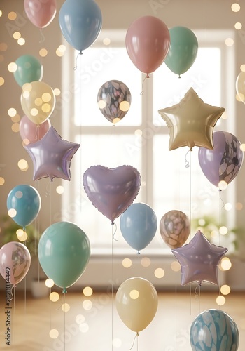 Colorful Pastel Balloons with Bokeh Lights in a Bright Room for Celebration
