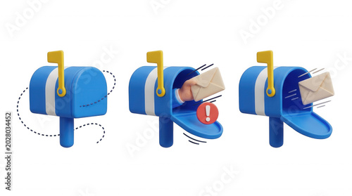 3d illustration of a blue mailbox with a hand inserting a letter and a notification icon, isolated on transparent background