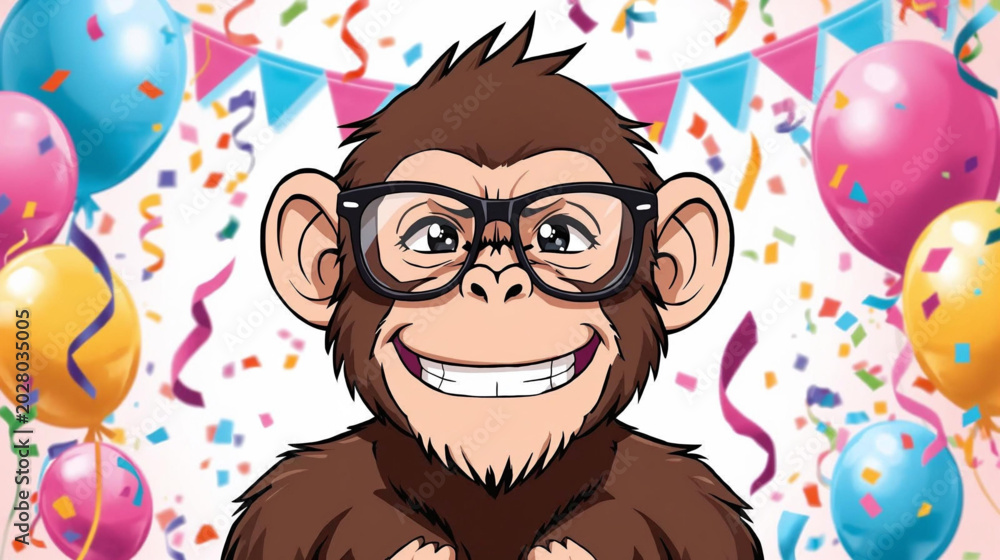 Fototapeta premium Funny monkey in glasses at a birthday background illusration