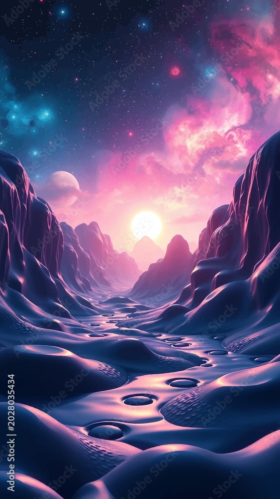 Fototapeta premium Surreal alien landscape with glowing purple mountains and pink nebulae in the sky