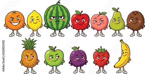Canvas Print Funny Fruit Cartoon Characters Set with Angry and Smirking Expressions Featuring