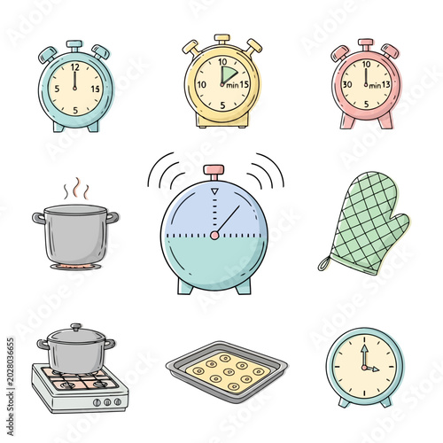 Foto Kitchen timer collection with cooking utensils and stoves.
