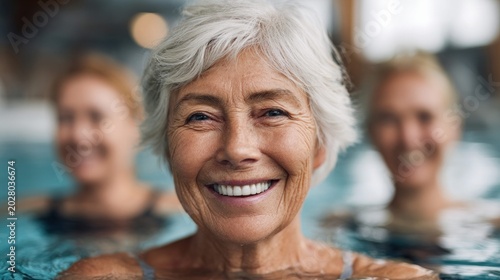 Smiling senior woman with grey hair enjoying a swim with friends in a pool