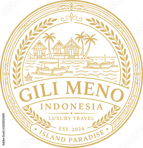 Gili Meno Indonesia island travel emblem vector line art