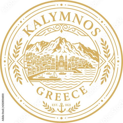 Kalymnos Greece vintage travel emblem with Mediterranean island landscape vector