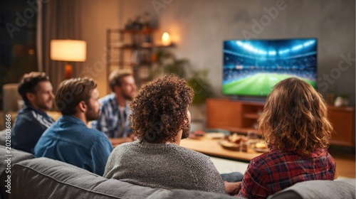 Friends gathered on the couch watching a soccer match on television together