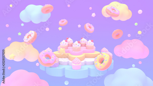 3D render of a cute floating stage with cupcakes, surrounded by donuts, stars, and clouds in the sky.