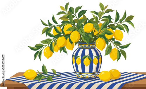 Amalfi style lemons in decorative blue, white vase. Mediterranean still life, fresh lemons, ceramic vase. Italian summer decor, lemon tree branches, striped tablecloth. Elegant Amalfi coast concept