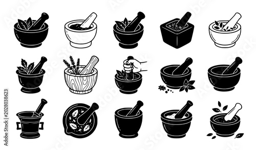 Φωτογραφία Mortar and pestle illustrations for herbalism and cooking