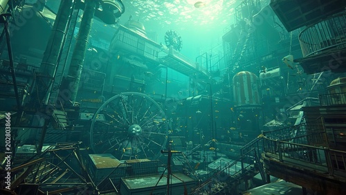 Abandoned amusement park submerged underwater with tropical fish swimming through rusted rides, cinematic underwater lighting, realistic aquatic textures, post apocalyptic fantasy realism