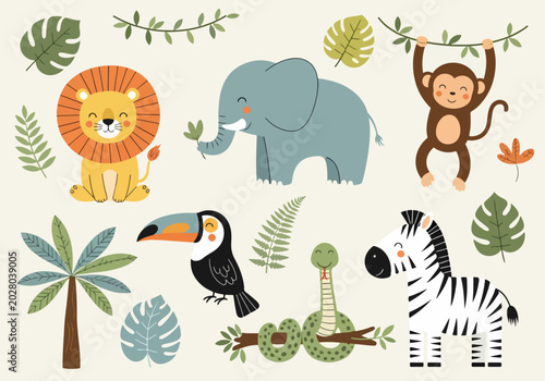 Photography Sweet safari illustrations featuring smiling animals tropical plants and cozy de