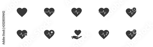 Heart Icon Set Related to Heart Rate, Heart Attack, Heart Disease, Health, Healthcare, Health Risk and High Blood Pressure vector icons