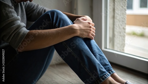 A person sitting on the floor by a window, hugging their knees, conveying a sense of contemplation or solitude in a softly lit indoor setting.