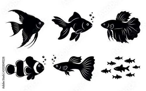 Fish Silhouettes Set – Angelfish, Goldfish, Betta, Clownfish, Guppy & School of Fish Poses Vector