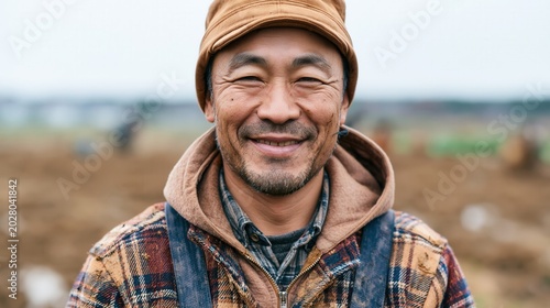 Portrait of a smiling asian farmer standing outdoors in an agricultural field.