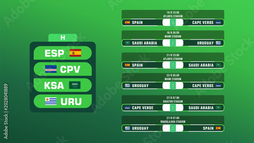 World Soccer Football Championship Group H Stage Fixtures Schedule Vector Illustration