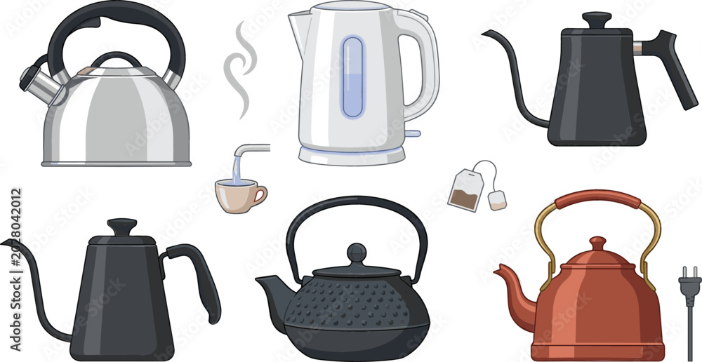 Behang Tea and Coffee Kettle Collection Vector Illustration Featuring Electric Kettle G