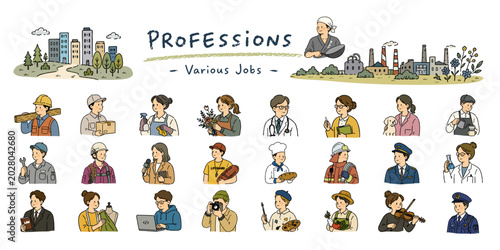 Fotografie いろいろな職業の人物イラストセット、手描き風ワーカーコレクション／Various professions, Worker collection, Hand dr