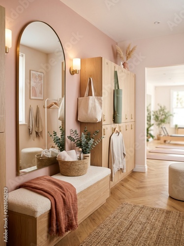 Quadro su tela A beautifully designed modern entryway showcasing an elegant arched mirror, func