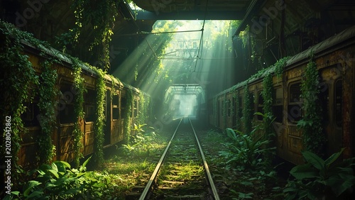 Abandoned underground subway station transformed into lush jungle ecosystem, vines covering rusted trains, sun rays piercing through broken ceiling