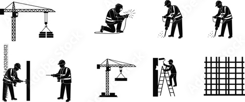 Tableau sur toile Construction Crane and Industrial Worker Silhouette Collection Featuring Welding