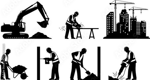 фотографія Construction silhouettes featuring excavator, manual labor, urban development, h