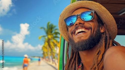 Happy man with dreadlocks wearing straw hat and sunglasses on tropical beach vacation