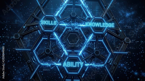 Skills, knowledge and ability on a futuristic hexagonal interface