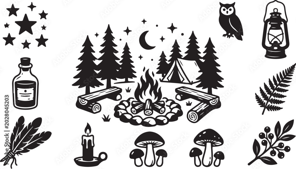 Fototapeta premium Camping in the woods at night illustration