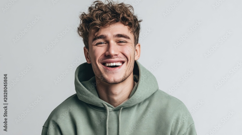 Fototapeta premium Young man with curly hair and a beard laughing heartily in a green hoodie